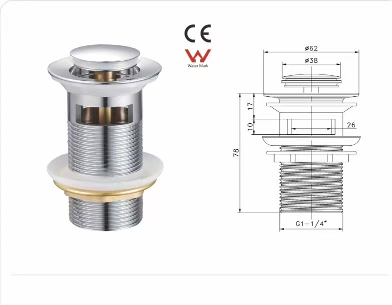 Chrome 32MM Brass Pop-up Waste Non Overflow/ Overflow