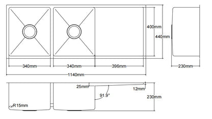 Kliff Hand Made Stainless Steel Double Bowl Sink 1140mm LK-SDK1140