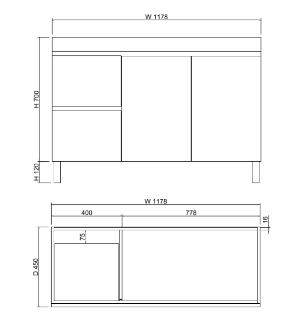 Less 1200mm Gloss White Freestanding Vanity with Ceramic Top