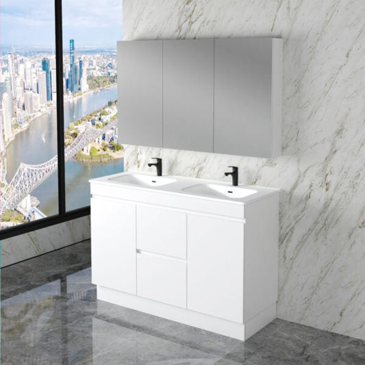 Less 1200mm Gloss White Double Bowl Freestanding Vanity with Ceramic Top