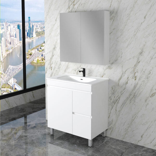 Less 750mm Gloss White Freestanding Vanity with Ceramic Top