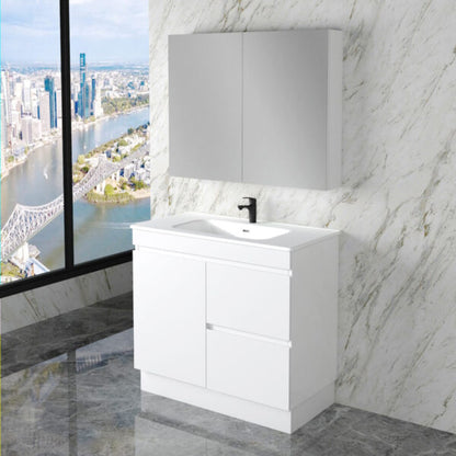 Less 900mm Gloss White Freestanding Vanity with Ceramic Top
