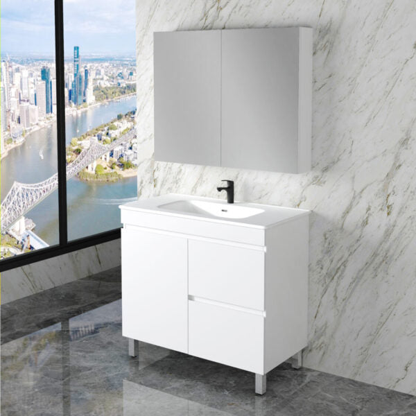 Less 900mm Gloss White Freestanding Vanity with Ceramic Top