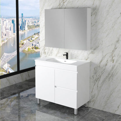 Less 900mm Gloss White Freestanding Vanity with Ceramic Top