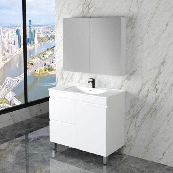 Less 900mm Gloss White Freestanding Vanity with Ceramic Top