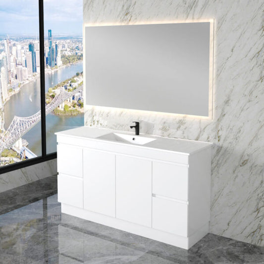Less 1500mm Gloss White Freestanding Vanity with Ceramic Top