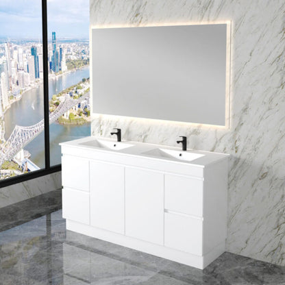 Less 1500mm Gloss White Double Bowl Freestanding Vanity with Ceramic Top