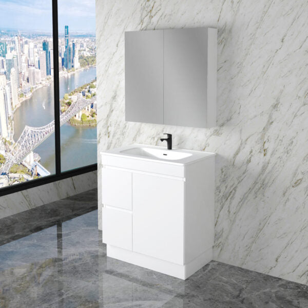 Less 750mm Gloss White Freestanding Vanity with Ceramic Top