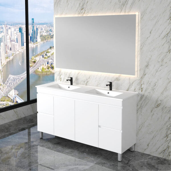 Less 1500mm Gloss White Double Bowl Freestanding Vanity with Ceramic Top