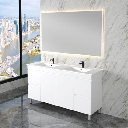 Less 1500mm Gloss White Double Bowl Freestanding Vanity with Ceramic Top