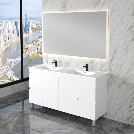 Less 1500mm Gloss White Double Bowl Freestanding Vanity with Ceramic Top