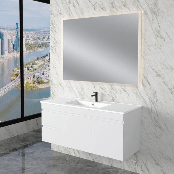 Less 1200mm Gloss White Wall Hung Vanity with Ceramic Top