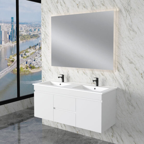 Less 1200mm Gloss White Double Bowl Wall Hung Vanity with Ceramic Top