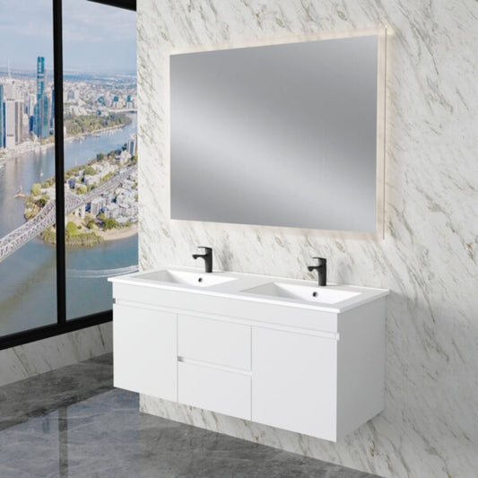 Less 1200mm Gloss White Double Bowl Wall Hung Vanity with Ceramic Top