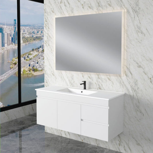 Less 1200mm Gloss White Wall Hung Vanity with Ceramic Top