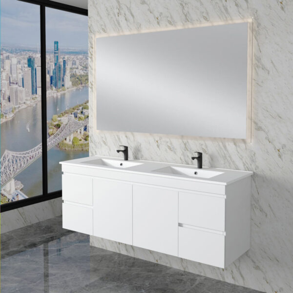 Less 1500mm Gloss White Double Bowl Wall Hung Vanity with Ceramic Top