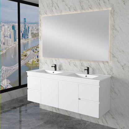 Less 1500mm Gloss White Double Bowl Wall Hung Vanity with Ceramic Top