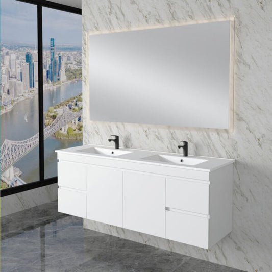 Less 1500mm Gloss White Double Bowl Wall Hung Vanity with Ceramic Top