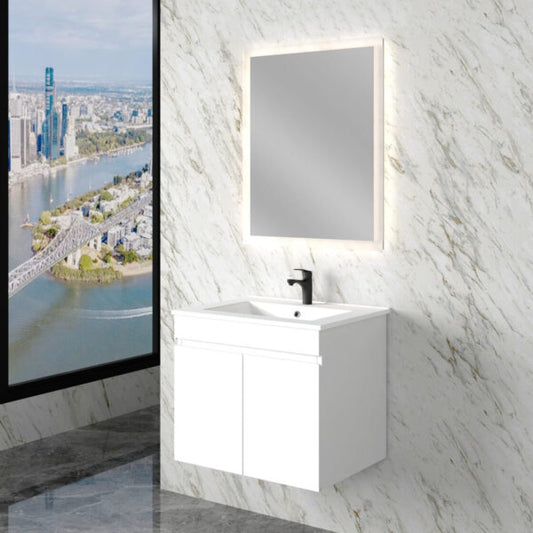 Less 600mm Gloss White Wall Hung Vanity with Ceramic Top