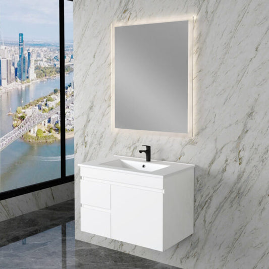 Less 750mm Gloss White Wall Hung Vanity with Ceramic Top
