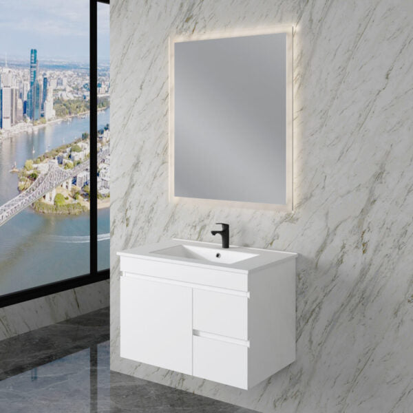 Less 750mm Gloss White Wall Hung Vanity with Ceramic Top