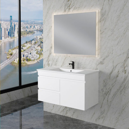 Less 900mm Gloss White Wall Hung Vanity with Ceramic Top