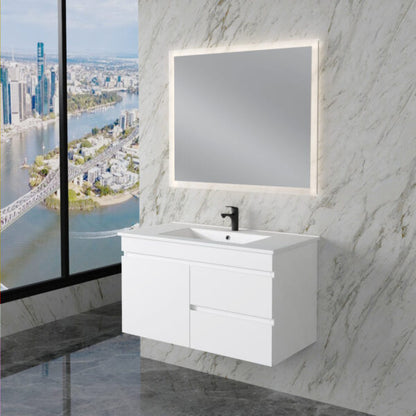 Less 900mm Gloss White Wall Hung Vanity with Ceramic Top