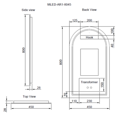 450 x 800 x 45mm Frameless LED