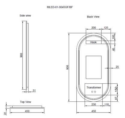 450 x 900 x 45mm Black Frame LED Mirror