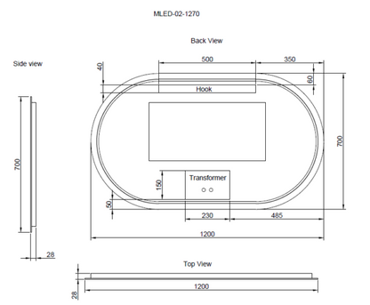 1200 x 700 x 45mm Frameless LED
