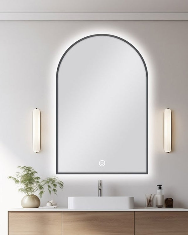 600*900mm Carysil Arch 3 Color Lighting Gun Metal Grey Framed LED Mirror Touch Sensor Switch Defogger Pad