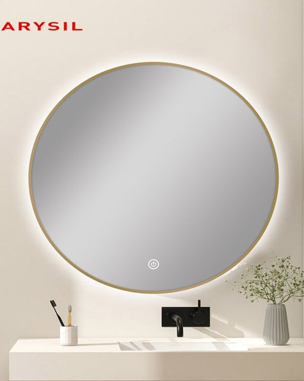 750mm Carysil Round 3 Color Lighting Gold Framed LED Mirror Touch Sensor Switch Defogger Pad