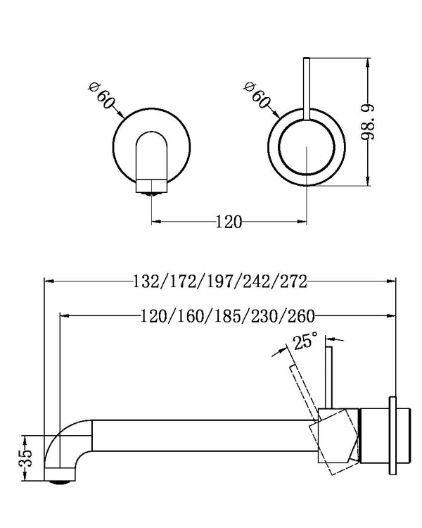 MECCA WALL BASIN/BATH MIXER SEPARATE BACK PLATE HANDLE UP 120MM TRIM KITS ONLY BRUSHED NICKEL