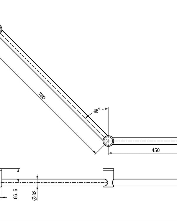 MECCA CARE 32MM AMBULANT TOILET GRAB RAIL 45 DEGREE 750x450MM CHROME