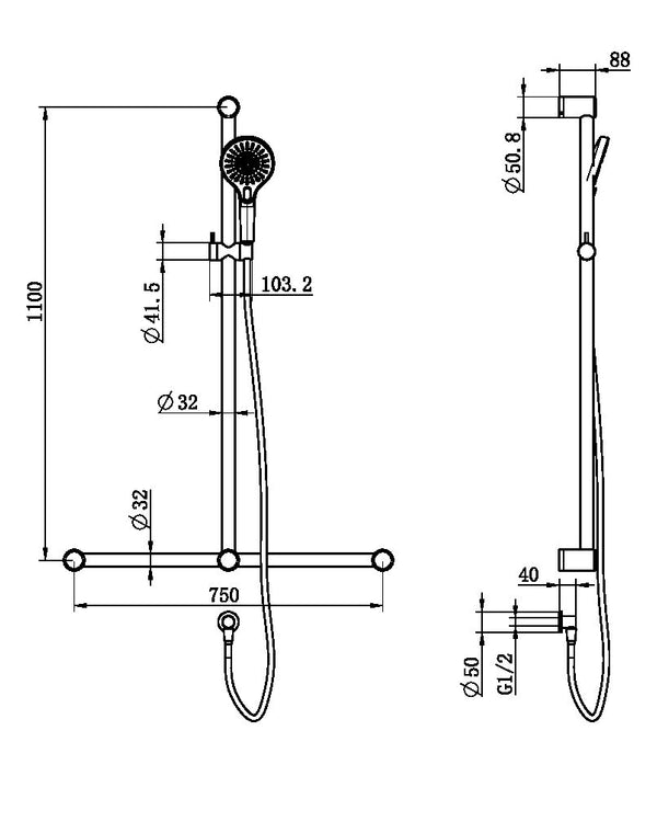 MECCA CARE 32MM T BAR GRAB RAIL AND ADJUSTABLE SHOWER SET 1100X750MM BRUSHED NICKEL