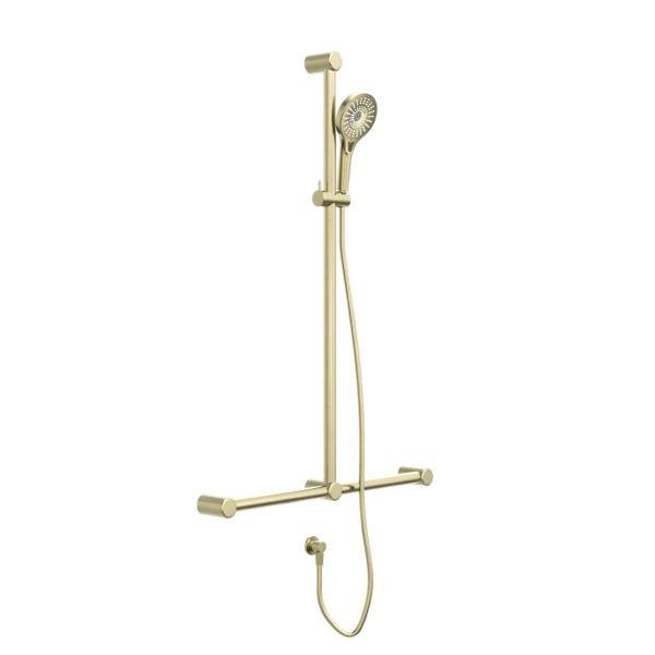 MECCA CARE 32MM T BAR GRAB RAIL AND ADJUSTABLE SHOWER SET 1100X750MM BRUSHED GOLD
