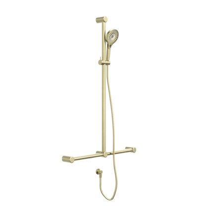 MECCA CARE 32MM T BAR GRAB RAIL AND ADJUSTABLE SHOWER SET 1100X750MM BRUSHED GOLD