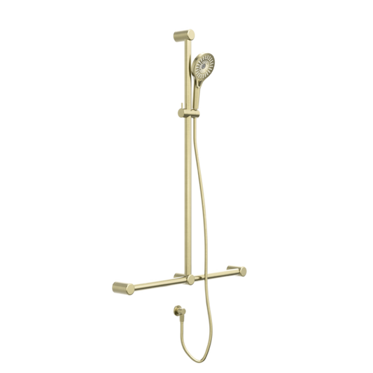 MECCA CARE 32MM T BAR GRAB RAIL AND ADJUSTABLE SHOWER SET 1100X750MM BRUSHED GOLD