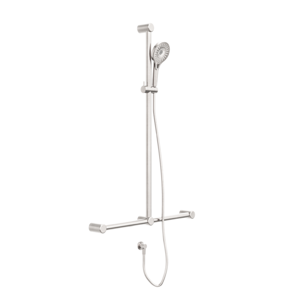 MECCA CARE 32MM T BAR GRAB RAIL AND ADJUSTABLE SHOWER SET 1100X750MM BRUSHED NICKEL