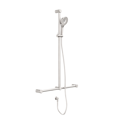 MECCA CARE 32MM T BAR GRAB RAIL AND ADJUSTABLE SHOWER SET 1100X750MM BRUSHED NICKEL