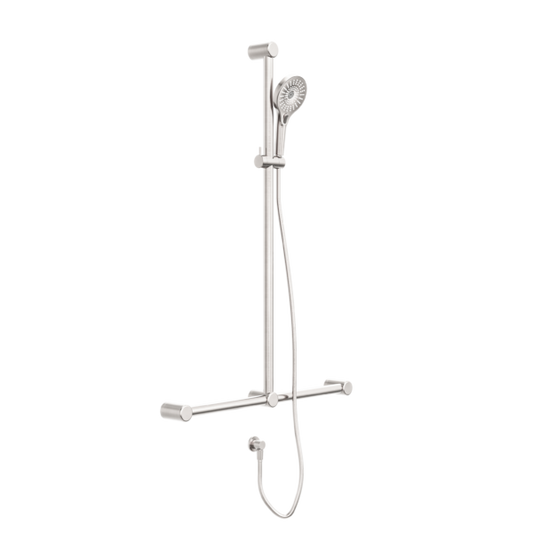 MECCA CARE 32MM T BAR GRAB RAIL AND ADJUSTABLE SHOWER SET 1100X750MM BRUSHED NICKEL