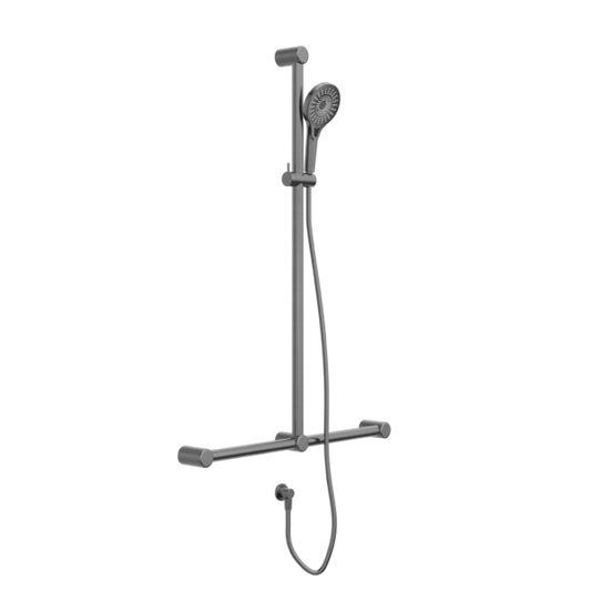 MECCA CARE 32MM T BAR GRAB RAIL AND ADJUSTABLE SHOWER SET 1100X750MM GUN METAL