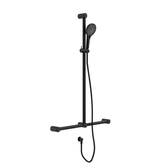MECCA CARE 32MM T BAR GRAB RAIL AND ADJUSTABLE SHOWER SET 1100X750MM MATTE BLACK
