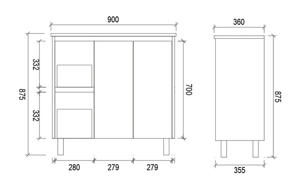 900mm SLIM PVC VANITY - LHS DRAWER