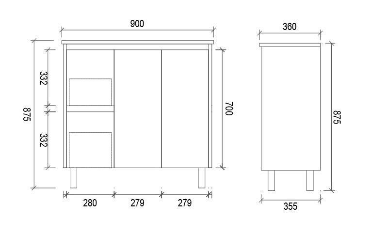 900mm SLIM PVC VANITY - LHS DRAWER