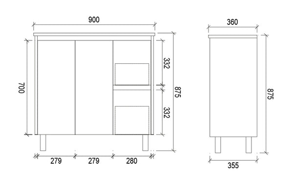 900mm SLIM PVC VANITY - RHS DRAWER