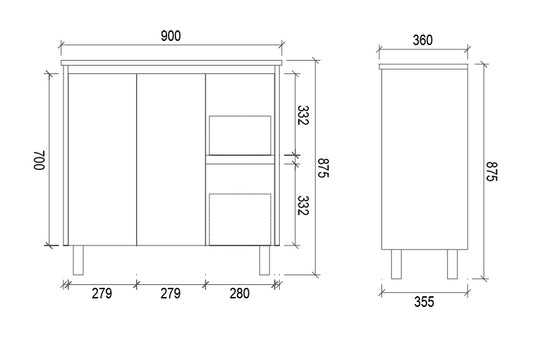900mm SLIM PVC VANITY - RHS DRAWER