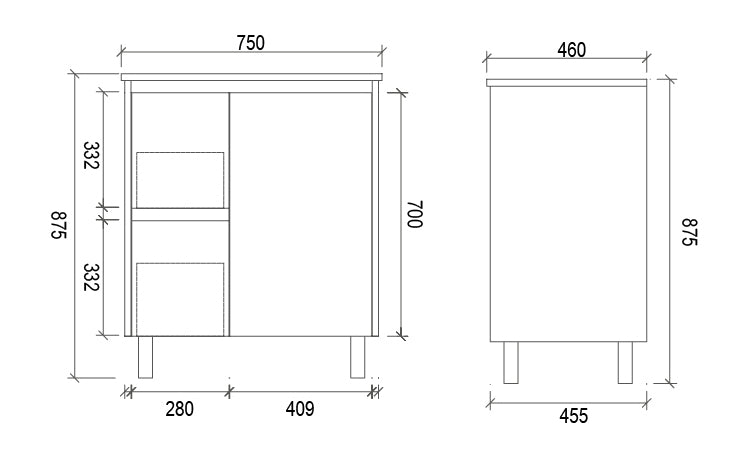 750mm PVC VANITY - LHS DRAWER