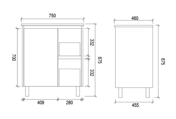 750mm WALL HUNG PVC VANITY - RHS DRAWER