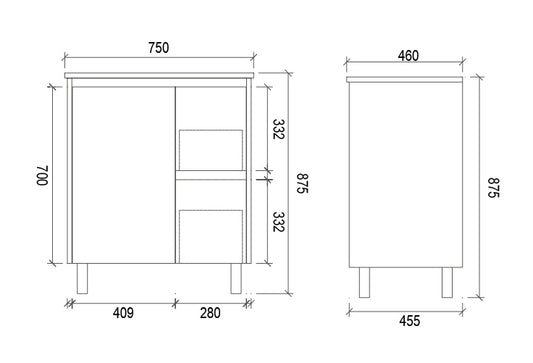 750mm WALL HUNG PVC VANITY - RHS DRAWER